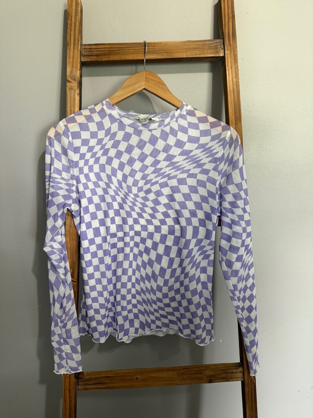 Long-Sleeve Lavender Checkerboard Top